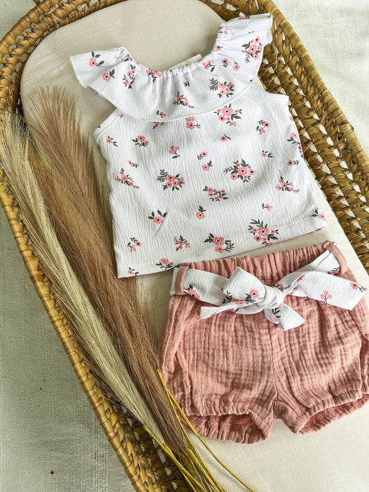 Conjunto de blusa/top com calções bebé menina rosa