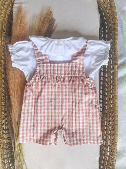 Conjunto de jardineira com blusa bebé menina rosa