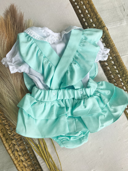 Conjunto de fofo/jardineira com blusa bebé turquesa