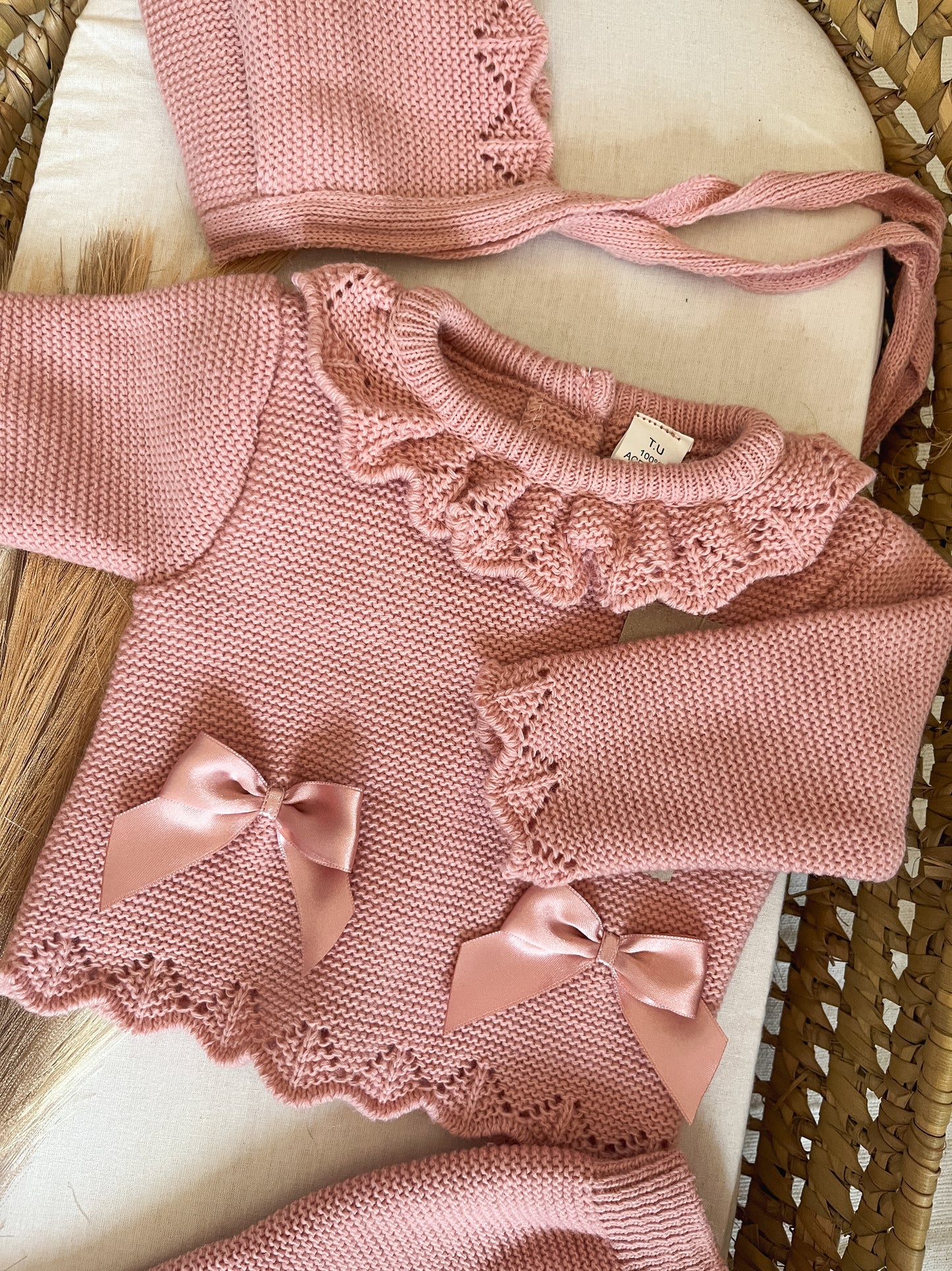 Conjunto de malha 3 peças bebé rosa