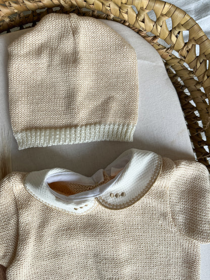 Conjunto de malha bebé 3 peças bege