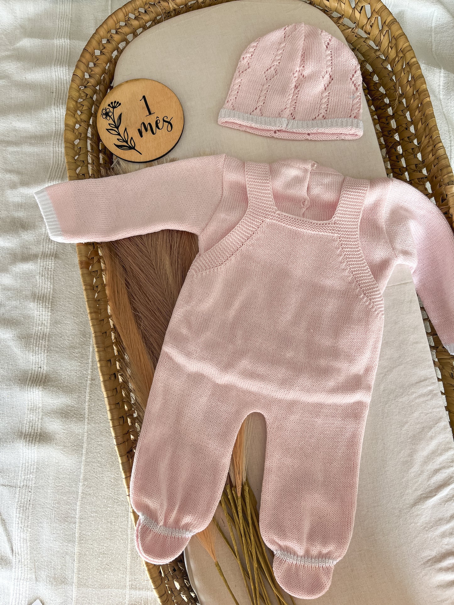 Conjunto de malha bebé 3 peças rosa