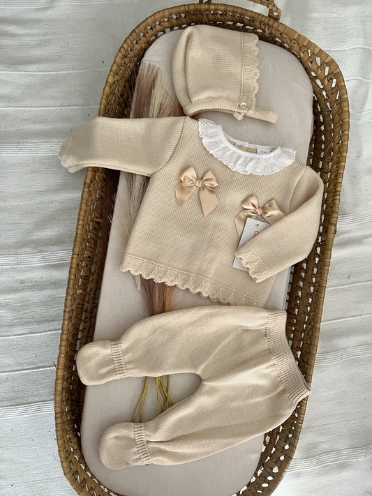 Conjunto de malha 3 peças bebé bege