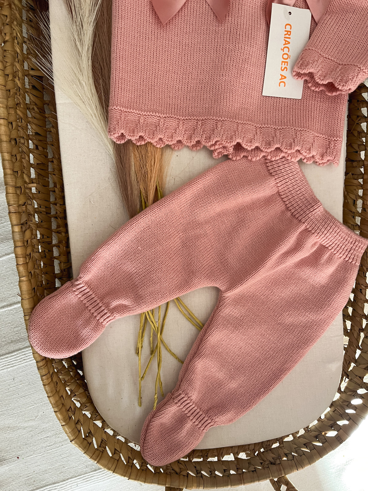 Conjunto de malha 3 peças bebé rosa velho