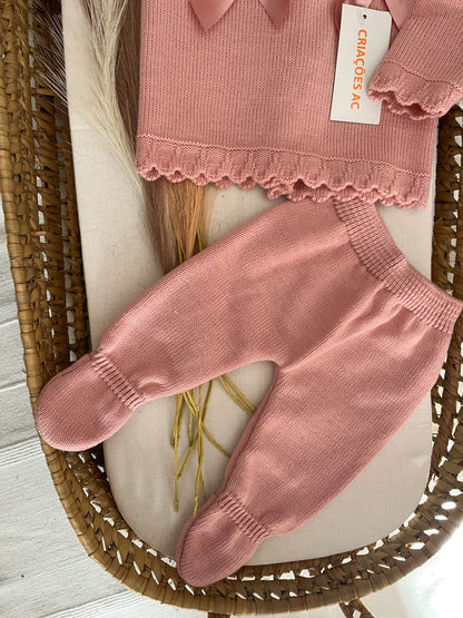 Conjunto de malha 3 peças bebé rosa velho