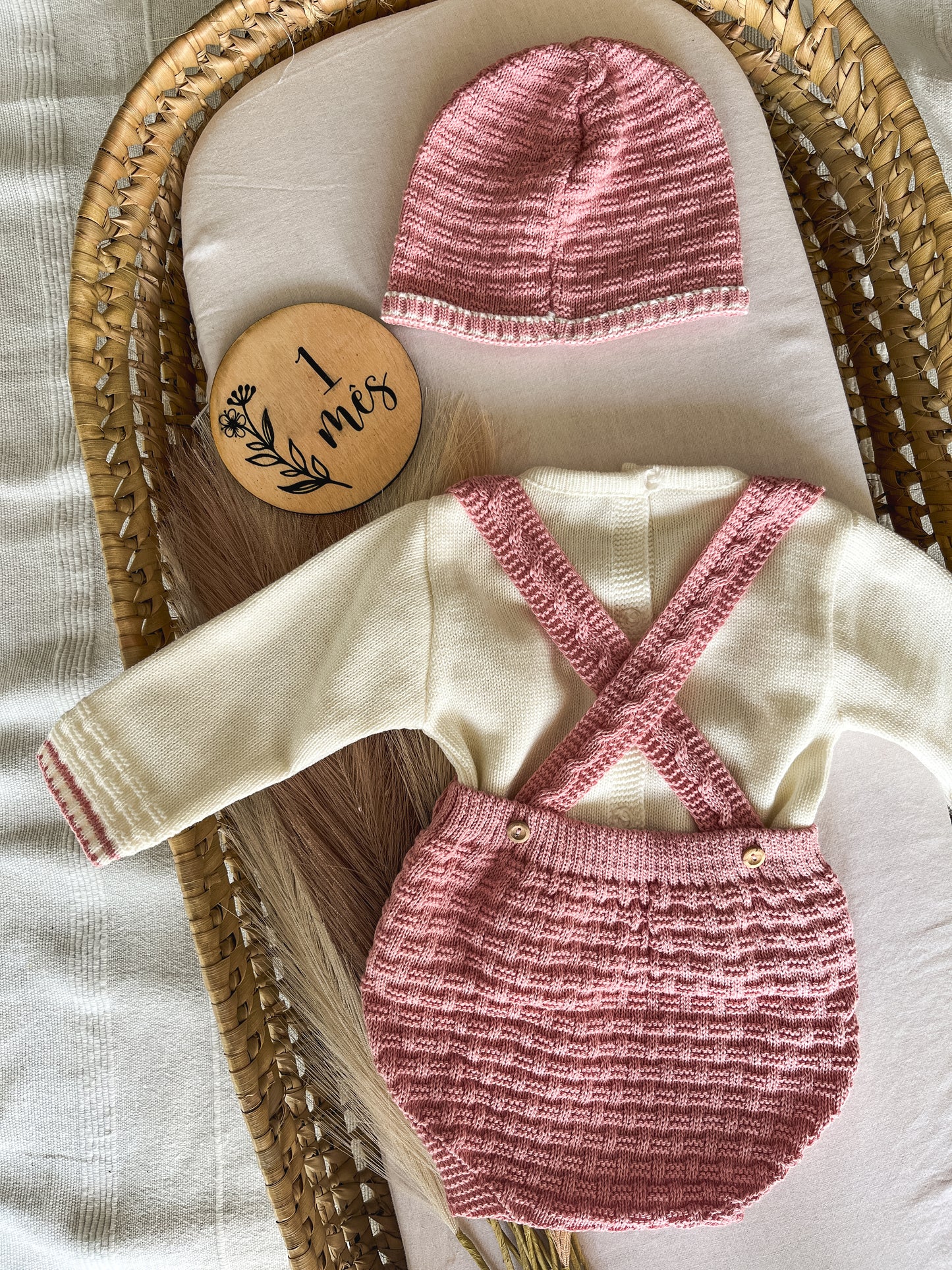 Conjunto de malha bebé 3 peças rosa velho
