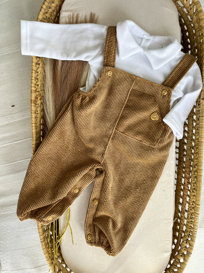 Conjunto de jardineira com camisola bebé menino camel