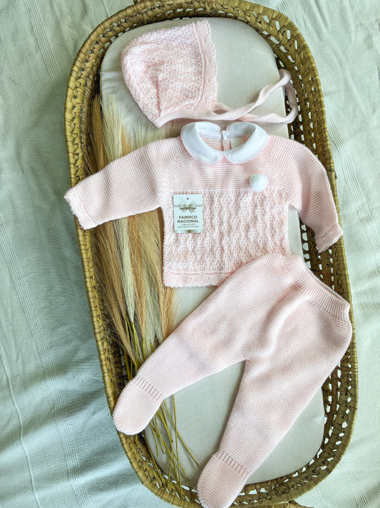 Conjunto de malha 3 peças bebé rosa
