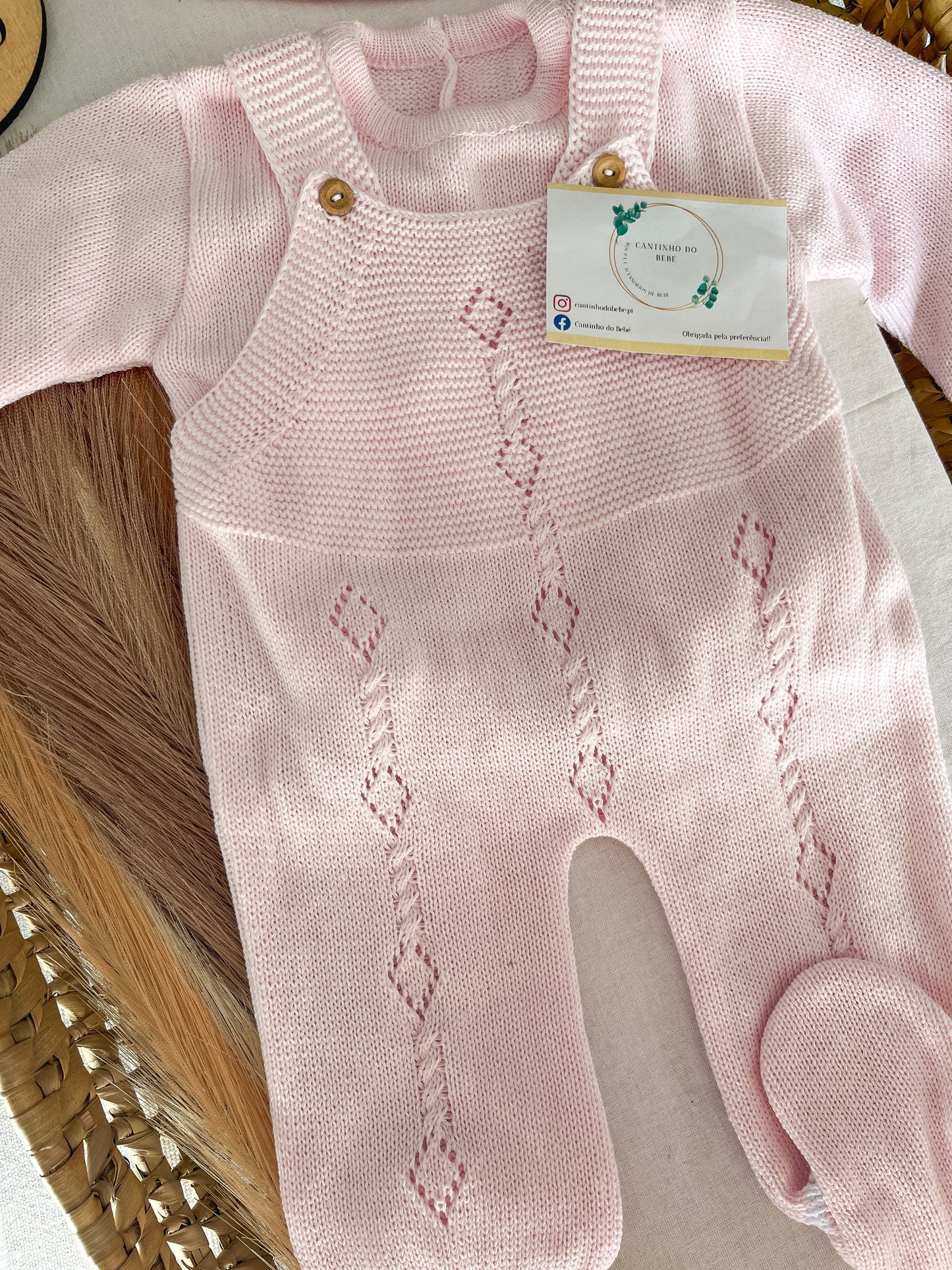 Conjunto de malha bebé 3 peças rosa