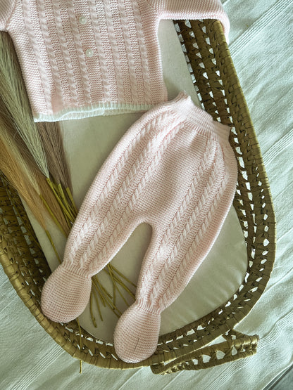 Conjunto de malha 3 peças bebé rosa bebé