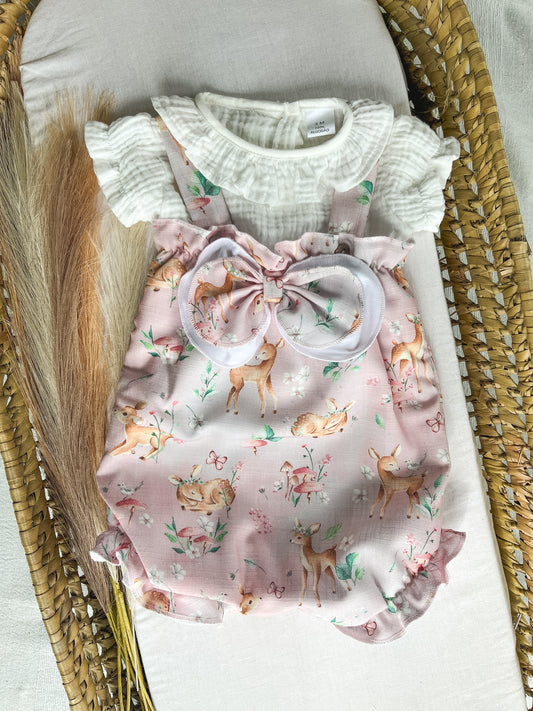 Conjunto de fofo/jardineira rosa com blusa bebé menina