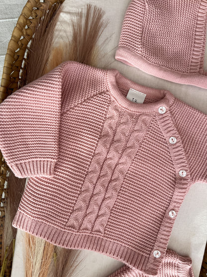 Conjunto de malha 3 peças bebé rosa