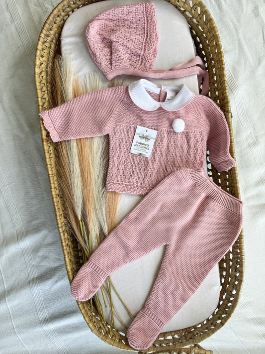 Conjunto de malha 3 peças bebé rosa velho