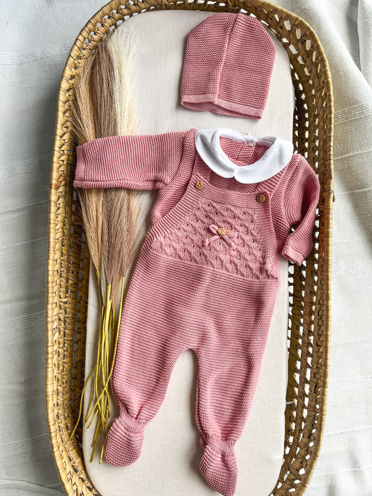 Conjunto de malha bebé 3 peças rosa velho