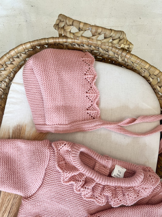 Conjunto de malha 3 peças bebé rosa