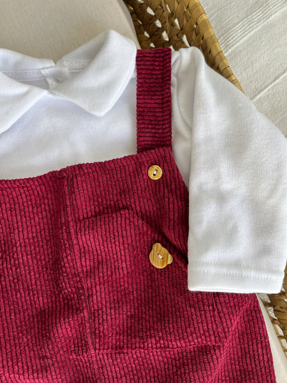 Conjunto de jardineira com camisola bebé menino bordô