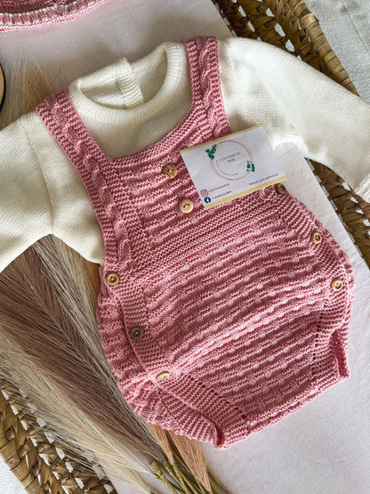 Conjunto de malha bebé 3 peças rosa velho