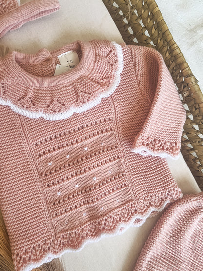 Conjunto de malha 3 peças bebé rosa