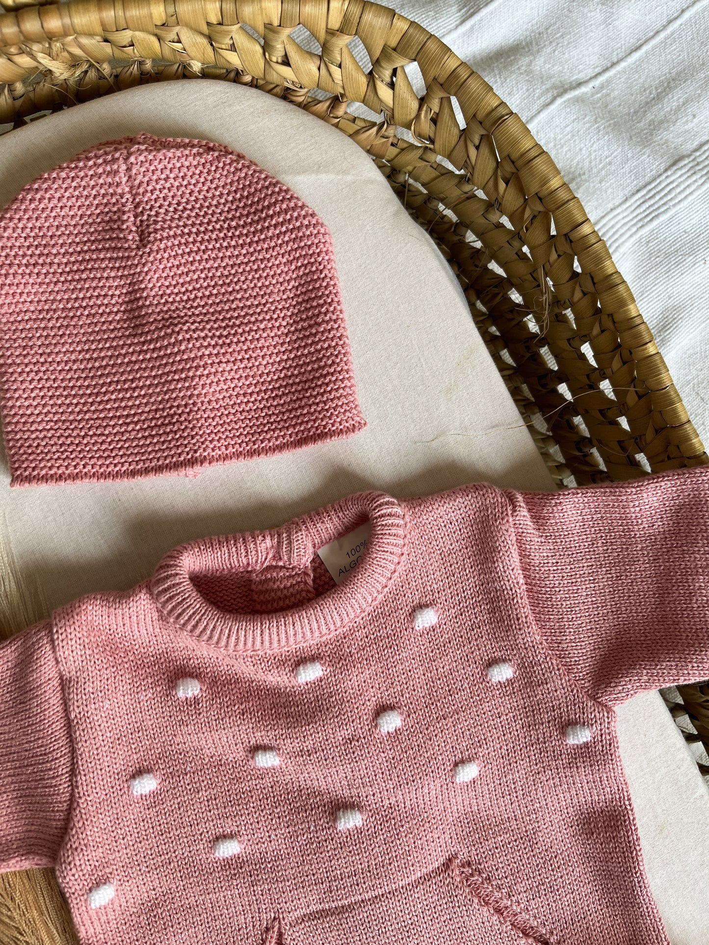 Conjunto de malha bebé 3 peças rosa