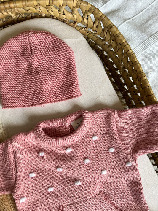 Conjunto de malha bebé 3 peças rosa