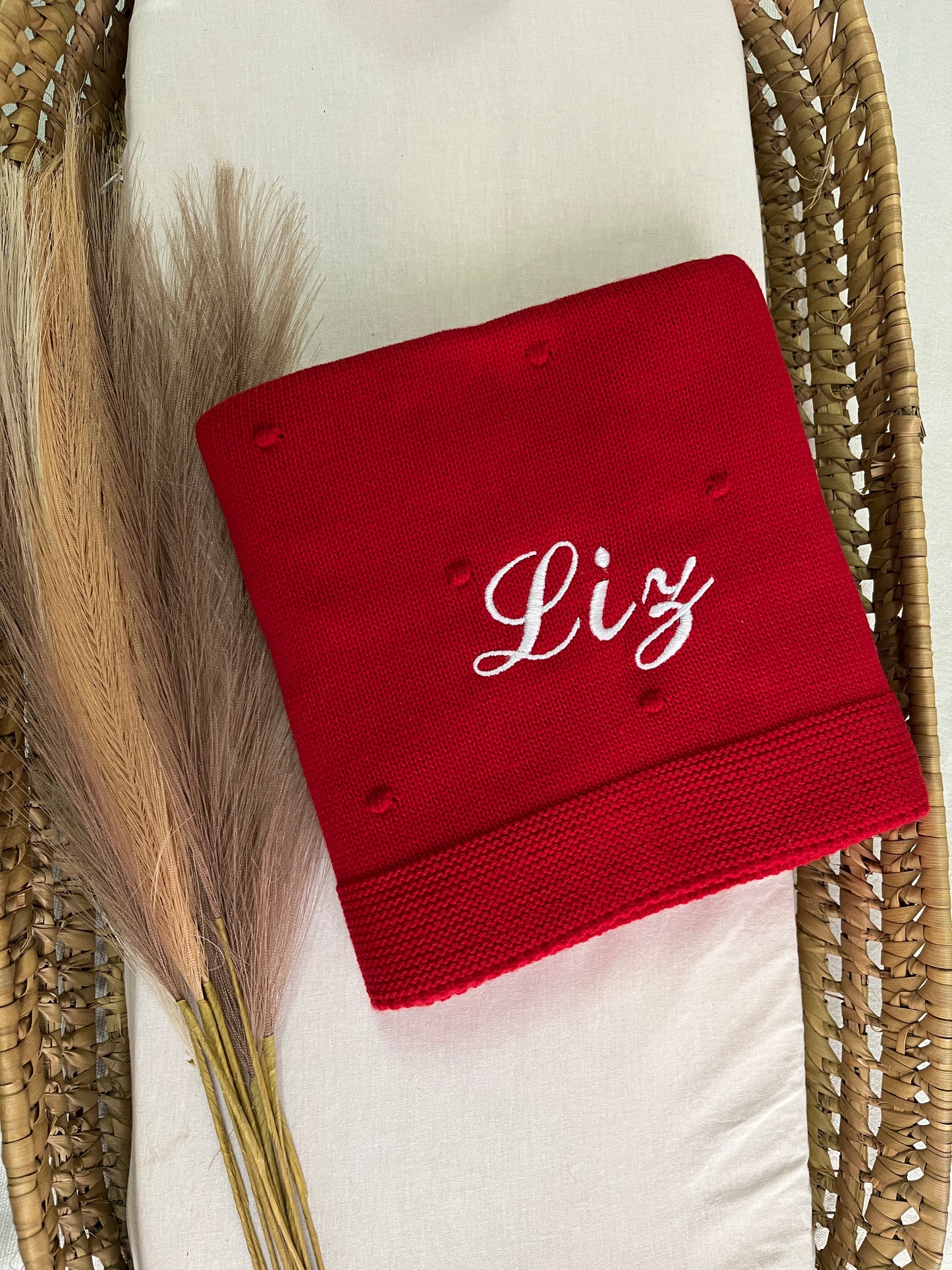 Manta de malha vermelho para bebé personalizável com nome
