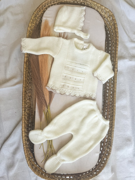 Conjunto de malha 3 peças bebé branco pérola