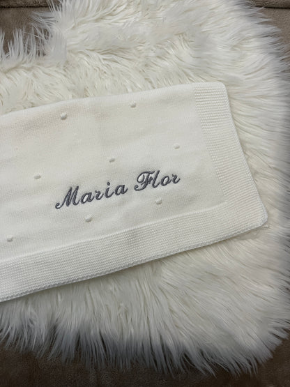 Manta de malha branco pérola para bebé personalizável com nome