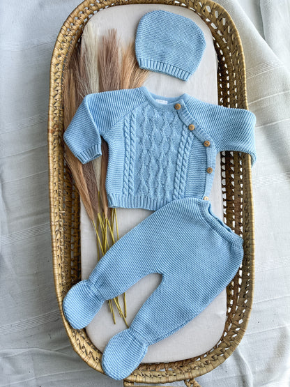 Conjunto de malha bebé 3 peças azul