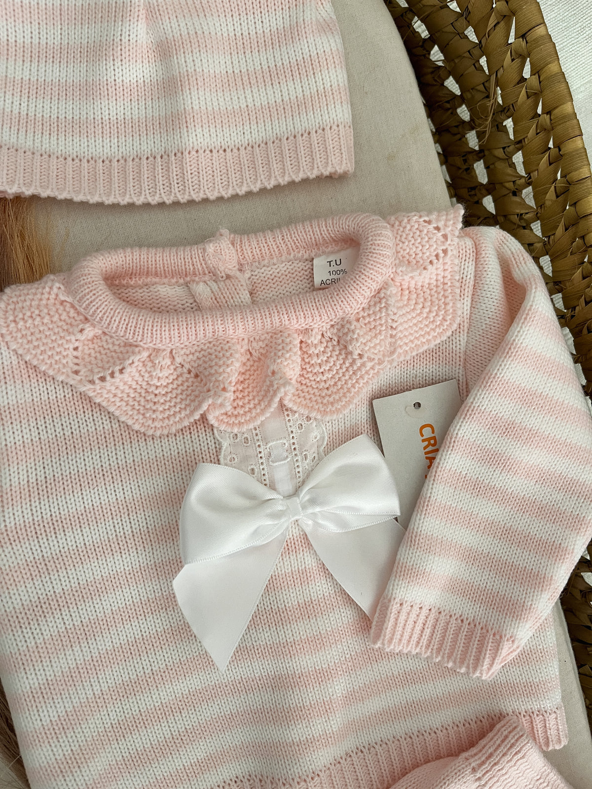 Conjunto de malha 3 peças bebé rosa bebé