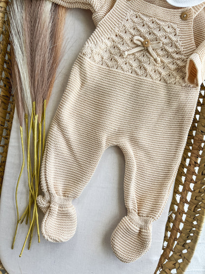 Conjunto de malha bebé 3 peças bege