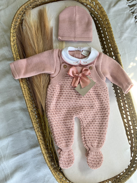 Conjunto de malha bebé 3 peças rosa velho