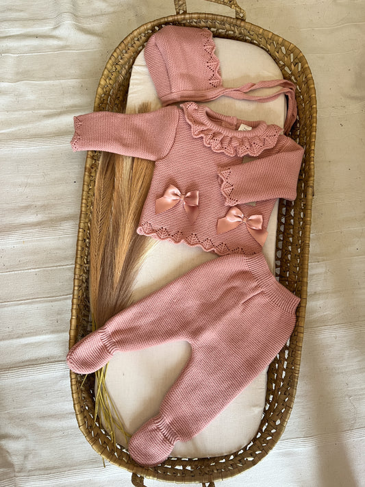 Conjunto de malha 3 peças bebé rosa