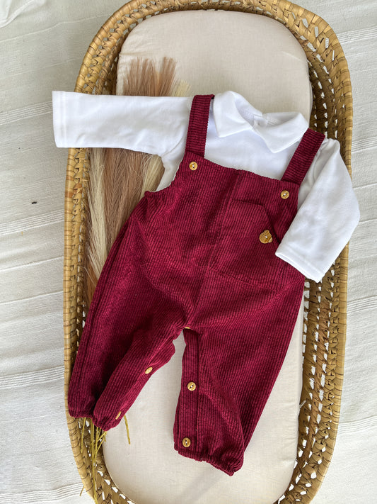 Conjunto de jardineira com camisola bebé menino bordô