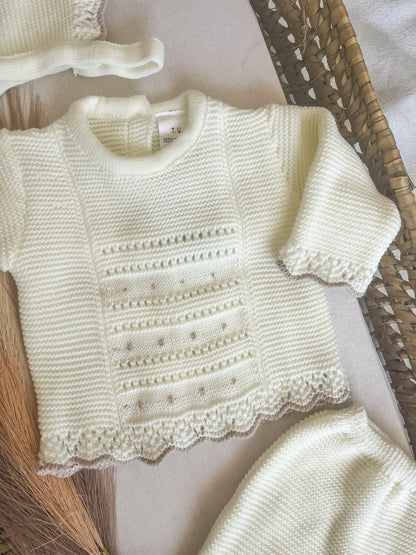 Conjunto de malha 3 peças bebé branco pérola