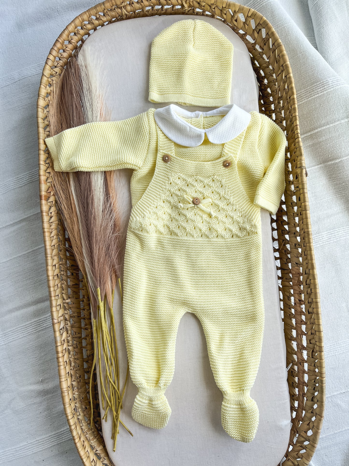 Conjunto de malha bebé 3 peças amarelo