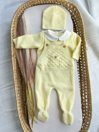 Conjunto de malha bebé 3 peças amarelo