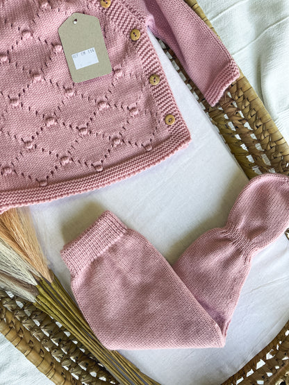 Conjunto de malha bebé 3 peças rosa velho