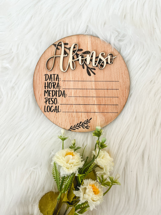 Placa milestone para preencher com dados de nascimento do bebé