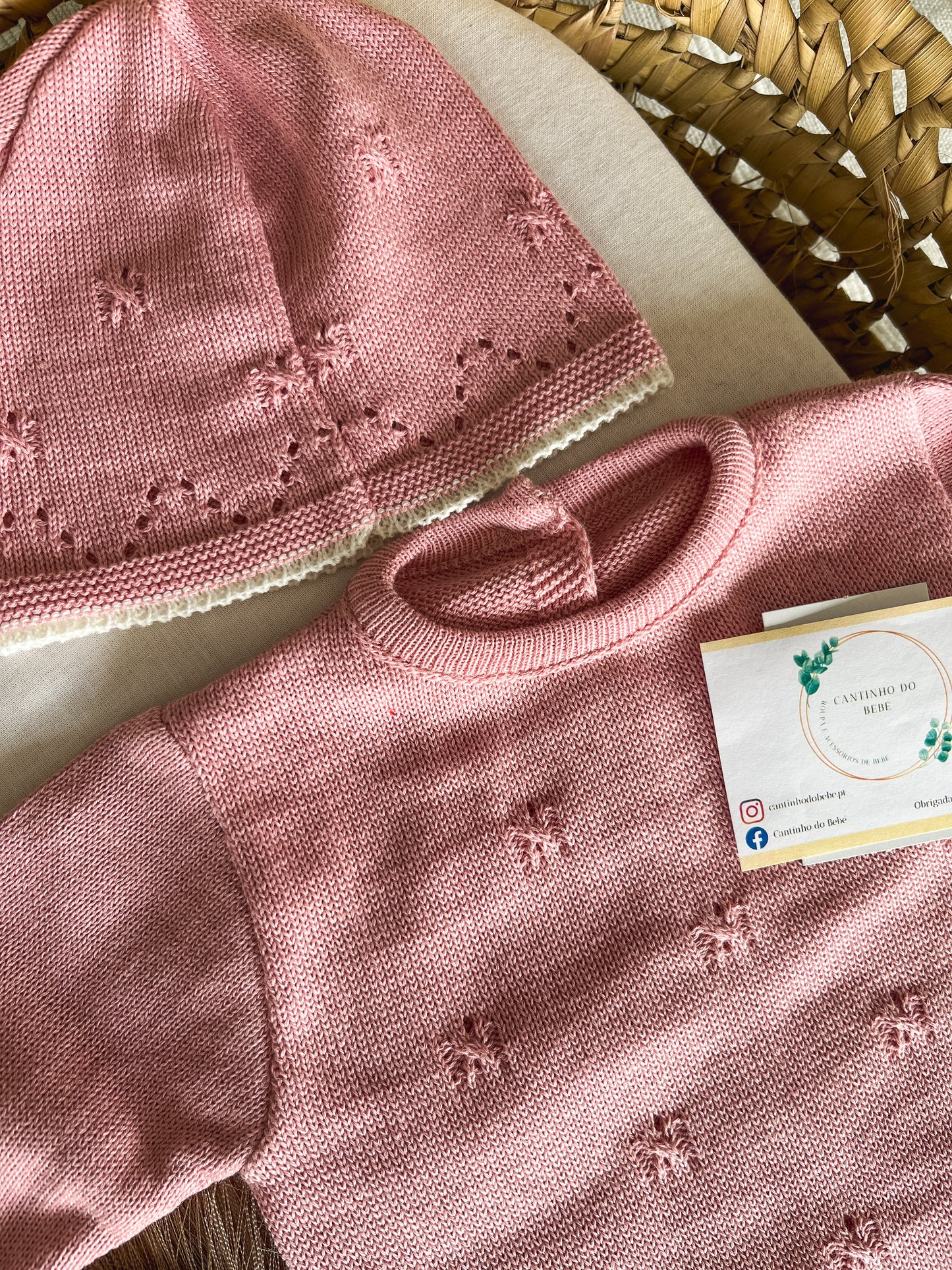 Conjunto de malha bebé 3 peças rosa velho