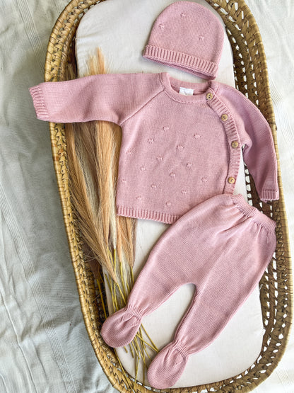 Conjunto de malha 3 peças bebé rosa velho
