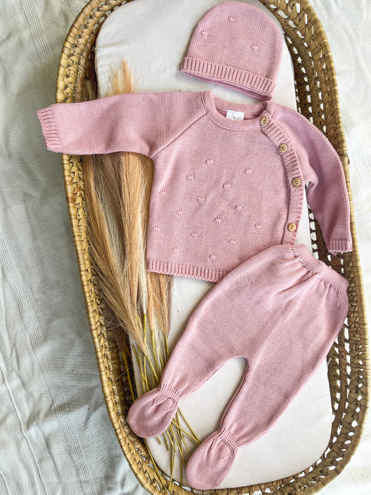 Conjunto de malha 3 peças bebé rosa velho