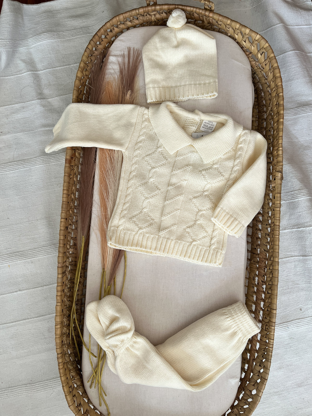 Conjunto de malha 3 peças bebé branco pérola