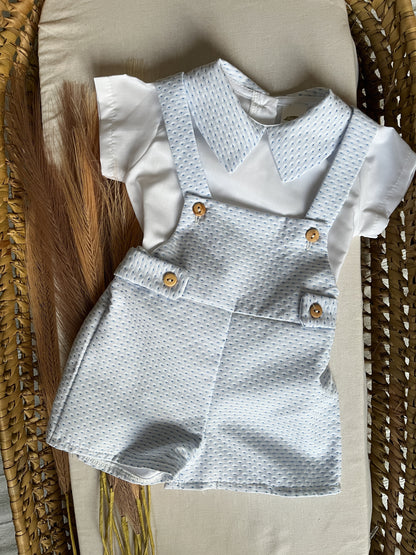 Conjunto de jardineira com blusa bebé menino azul