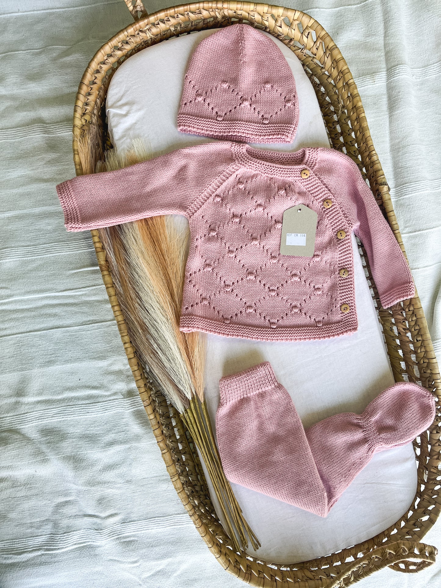 Conjunto de malha bebé 3 peças rosa velho