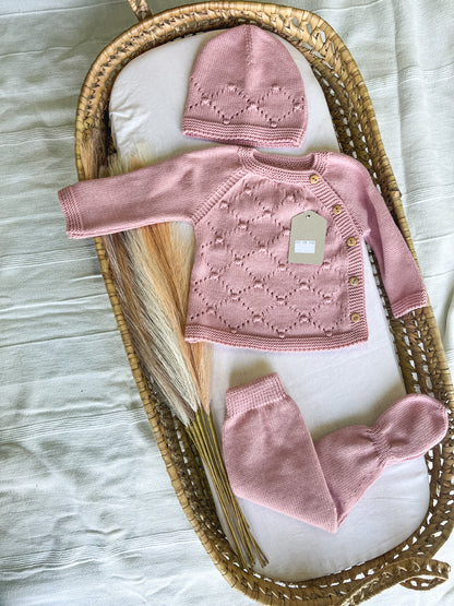 Conjunto de malha bebé 3 peças rosa velho