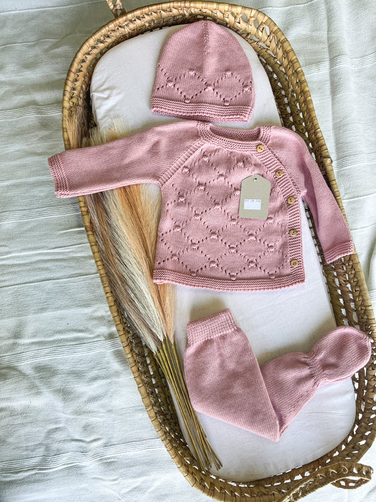 Conjunto de malha bebé 3 peças rosa velho