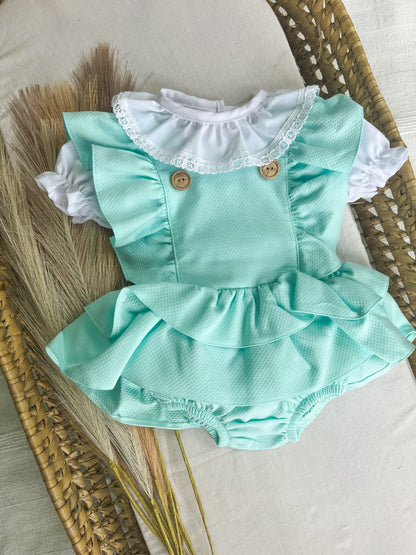 Conjunto de fofo/jardineira com blusa bebé turquesa