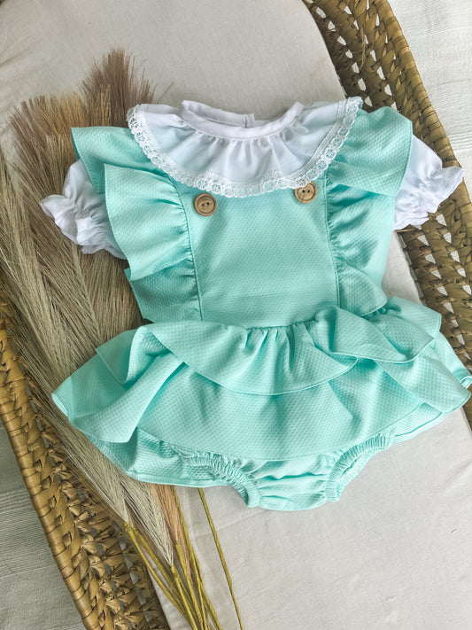 Conjunto de fofo/jardineira com blusa bebé turquesa