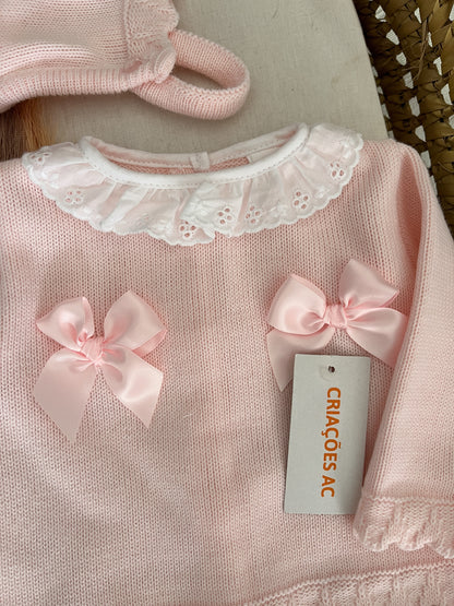 Conjunto de malha 3 peças bebé rosa bebé