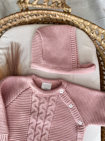 Conjunto de malha 3 peças bebé rosa